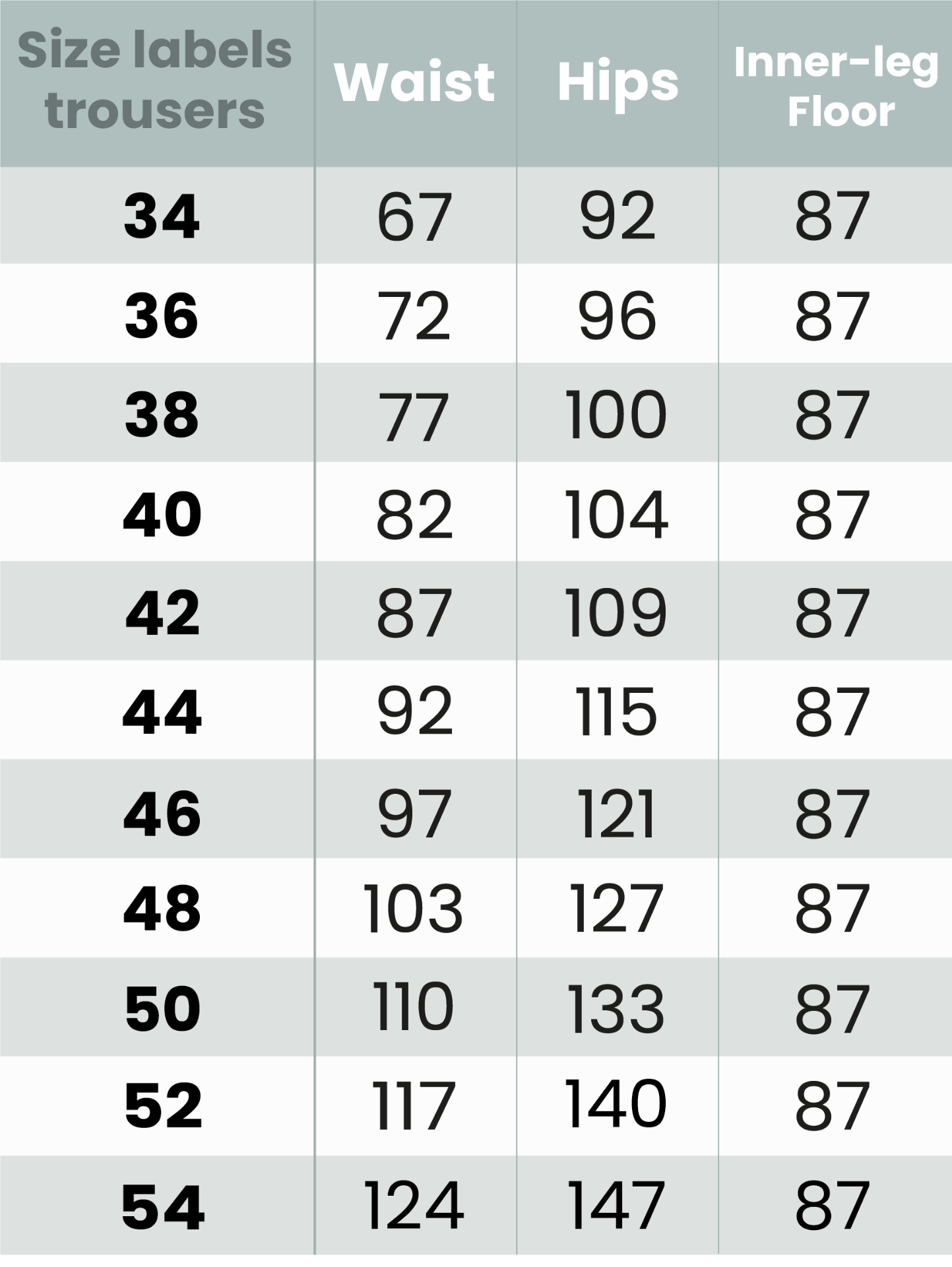 Lilly wedding trousers size table